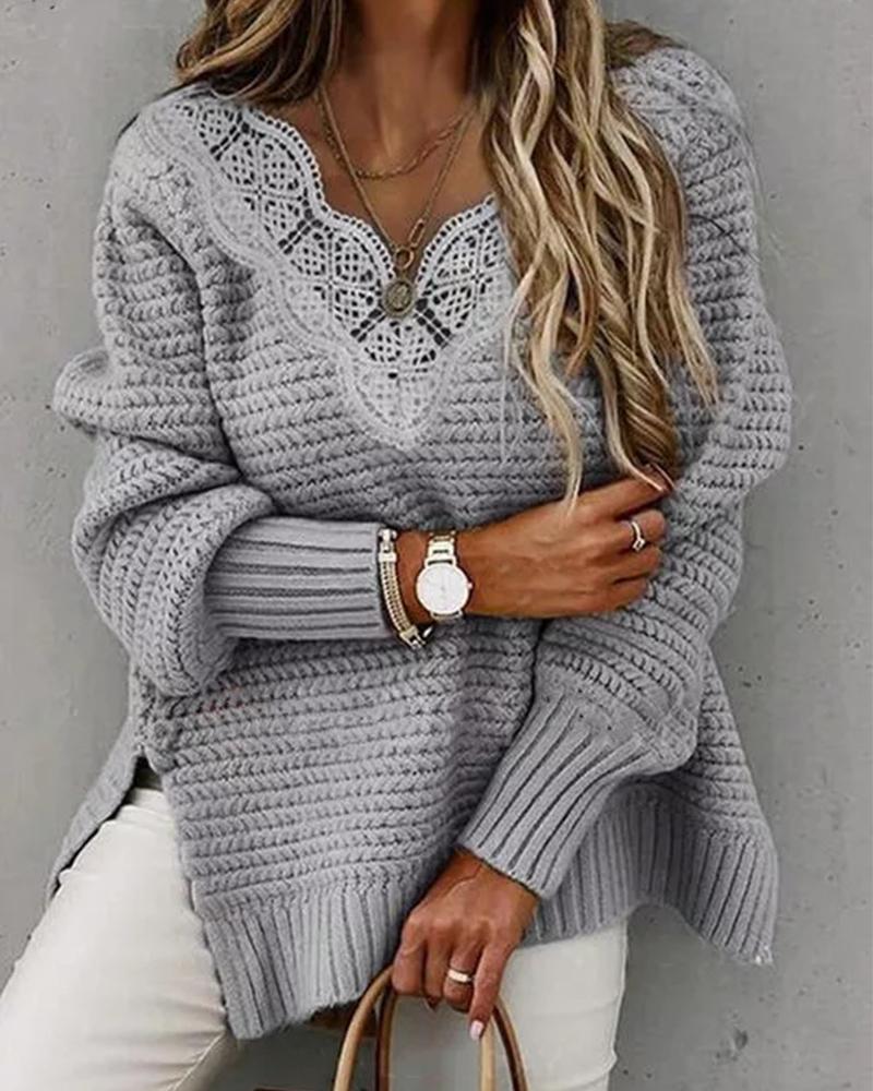 Contrast Lace Split Hem Long Sleeve Knit Sweater