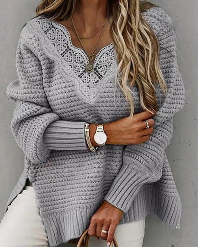 Contrast Lace Split Hem Long Sleeve Knit Sweater