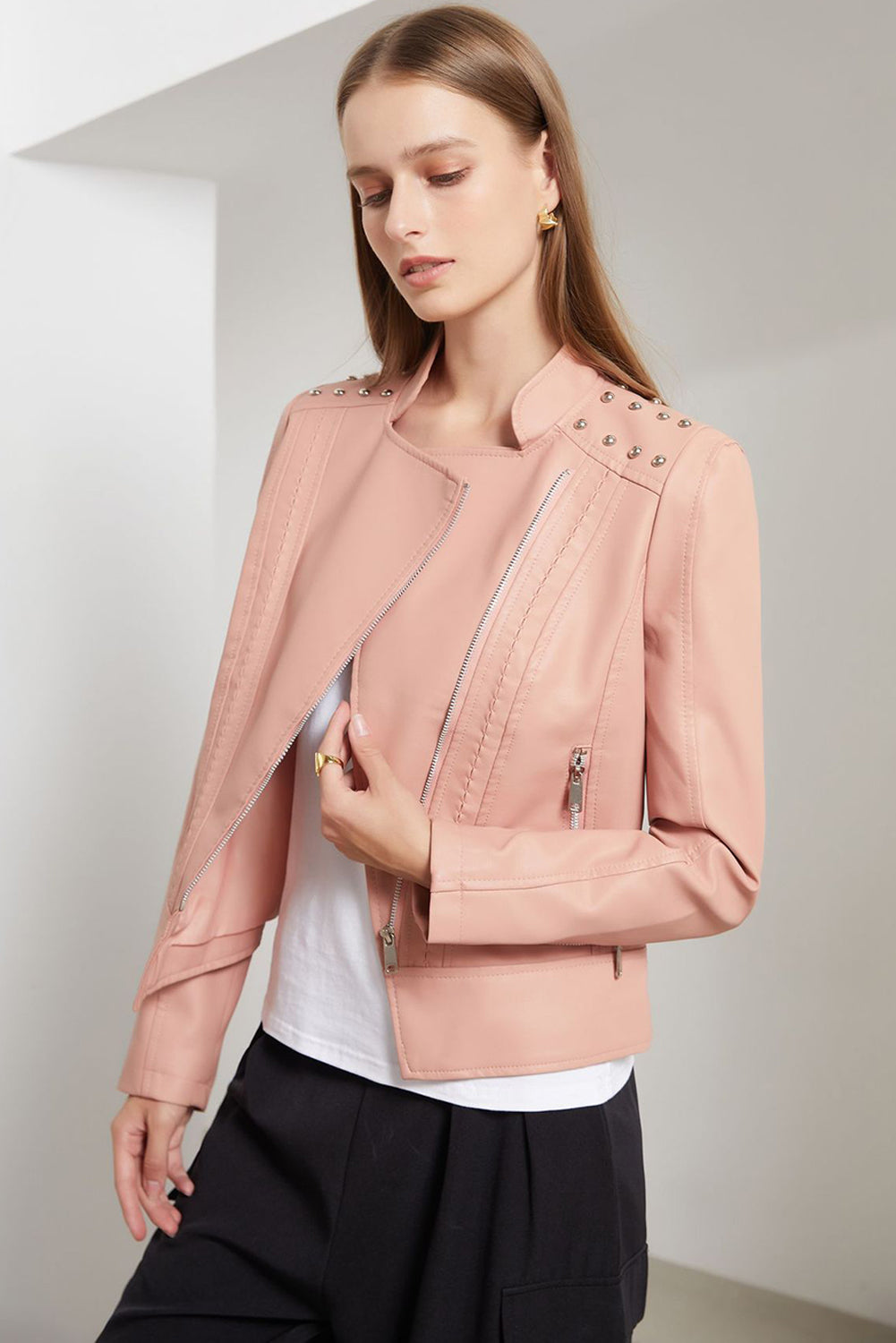 Gossamer Pink Faux Leather Studded Shoulder Asymmetric Zip Jacket