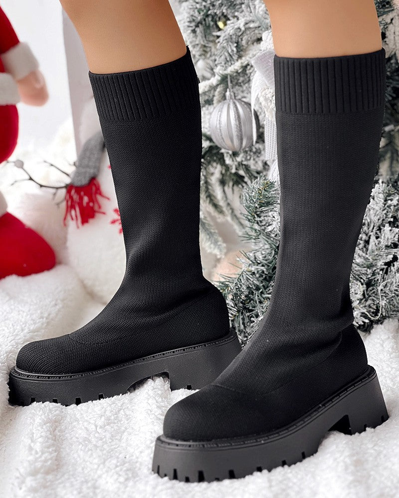 Round Toe Platform Breathable Calf Boots