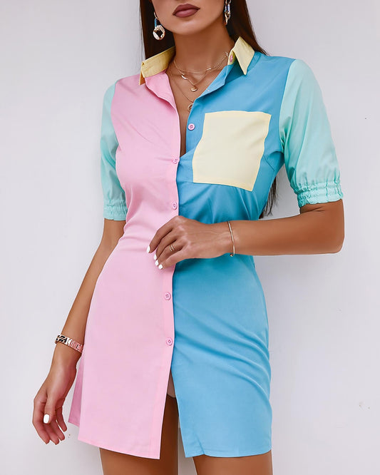 Button Front Pocket Design Colorblock Shirt Dress