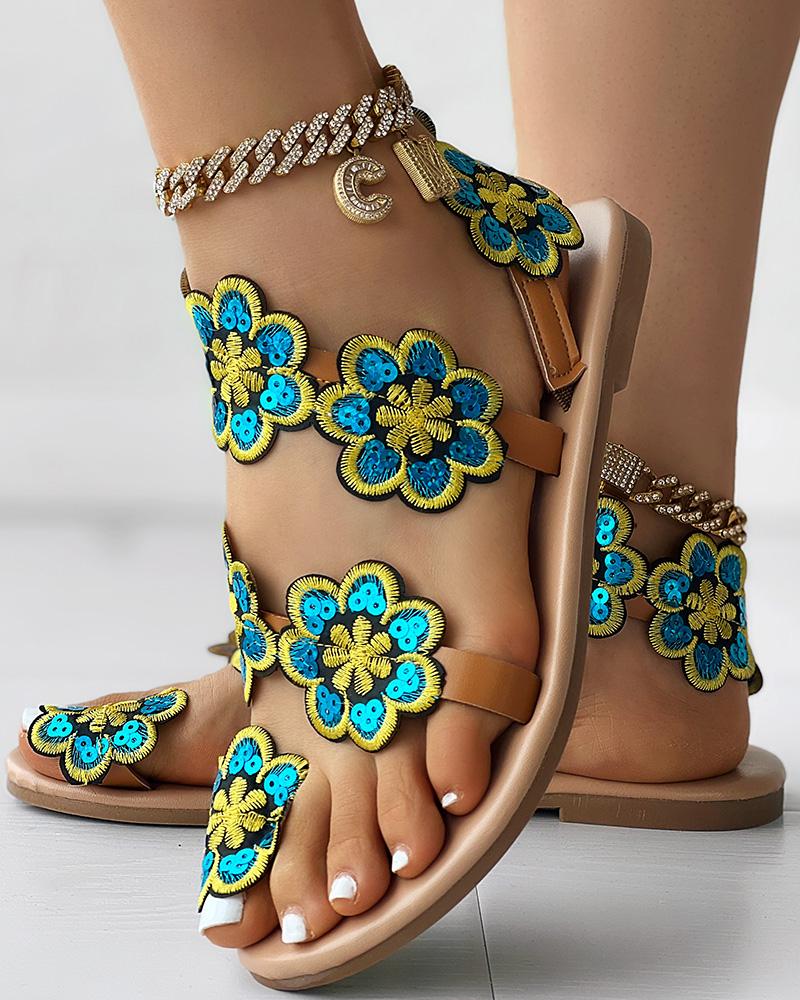 Floral Pattern Toe Ring Beach Sandals