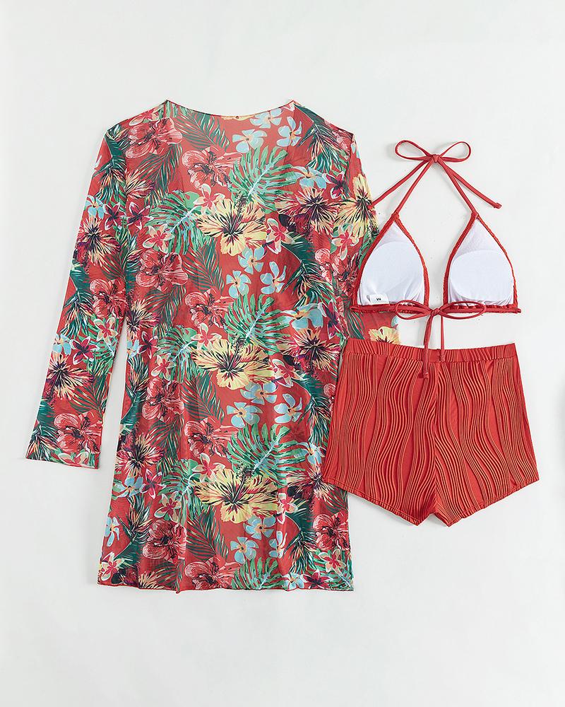 Halter Textured Bikini Top & Shorts Set With Floral Tropical Print Coat