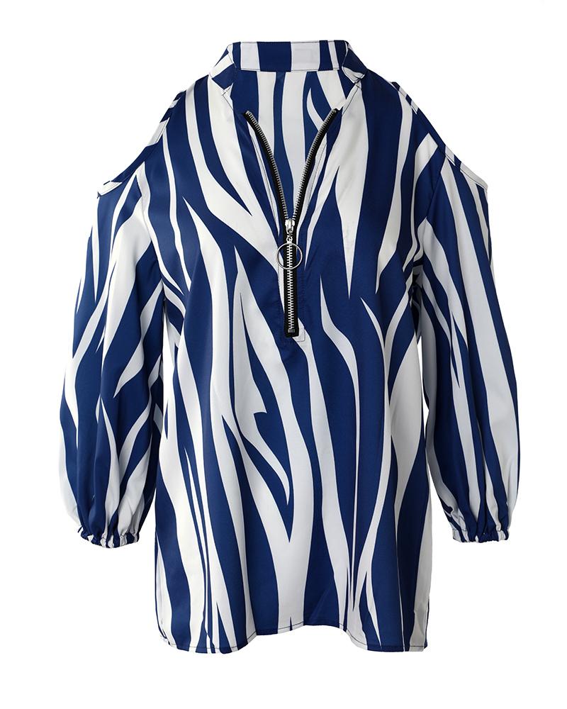 Zebra Stripe Print Zip Front Cold Shoulder Top