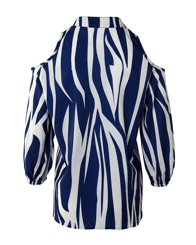 Zebra Stripe Print Zip Front Cold Shoulder Top