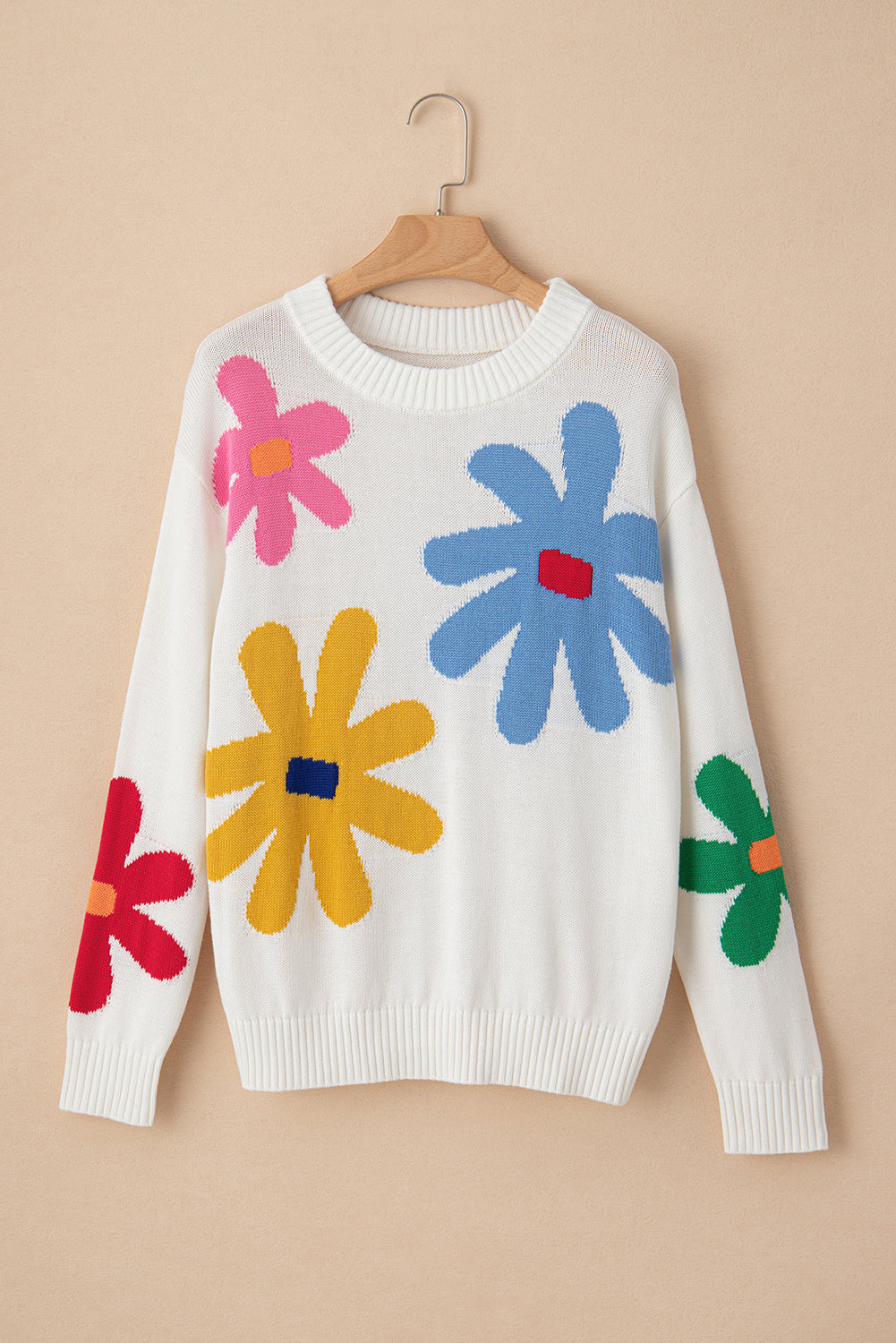 White Colorful Big Flower Pattern Crewneck Sweater