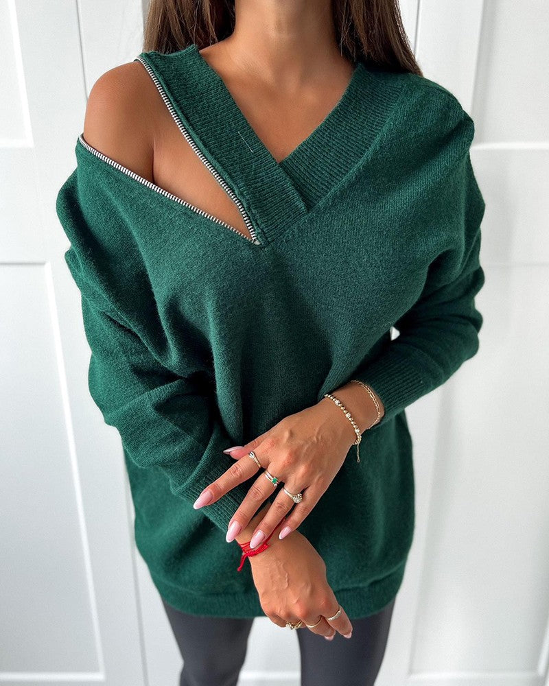 Zipper Design V Neck Long Sleeve Knit Dress