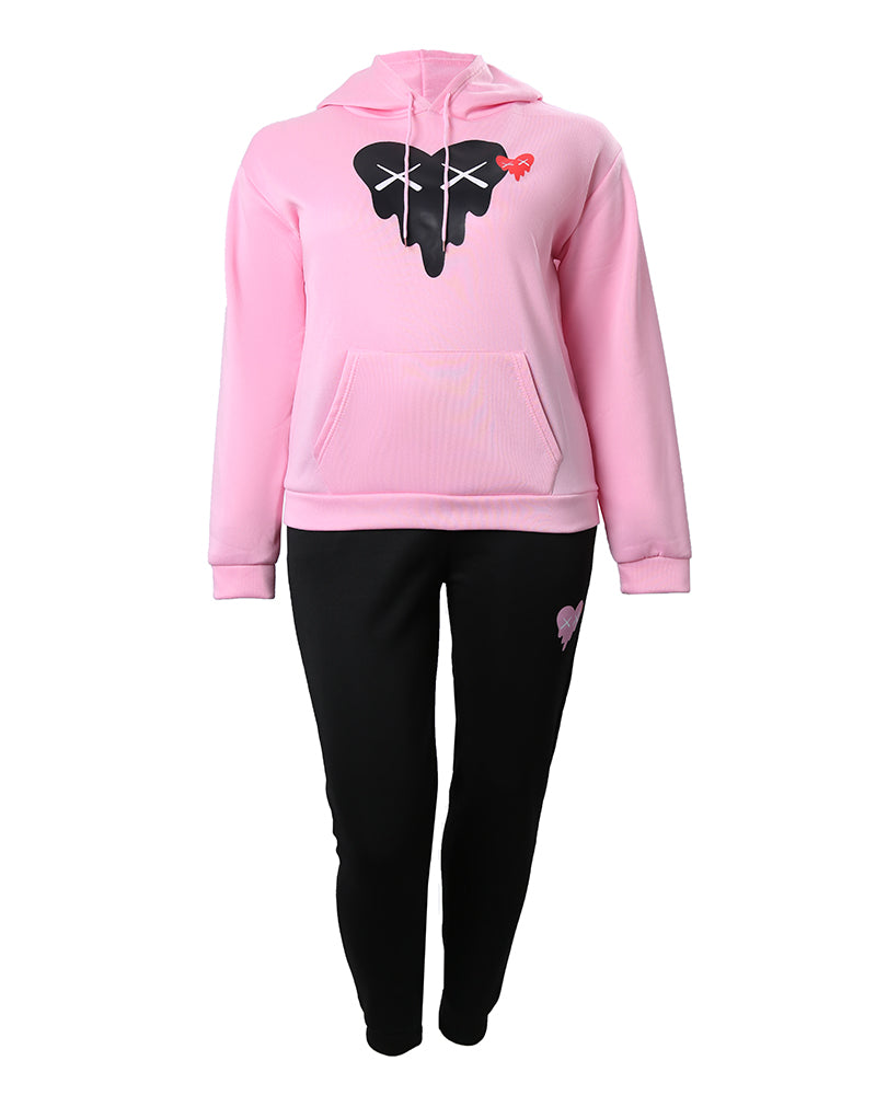 Plus Size Valentine's Day Heart Print Hoodie & Pants Set