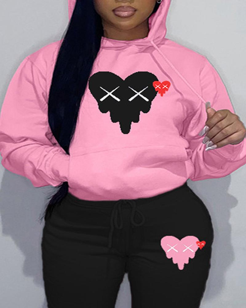 Plus Size Valentine's Day Heart Print Hoodie & Pants Set