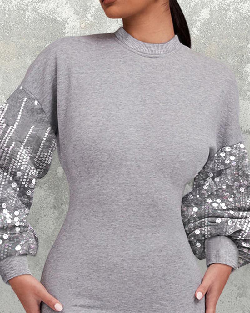 O neck Lantern Sleeve Sequin Patch Bodycon Sweatshirt Dress