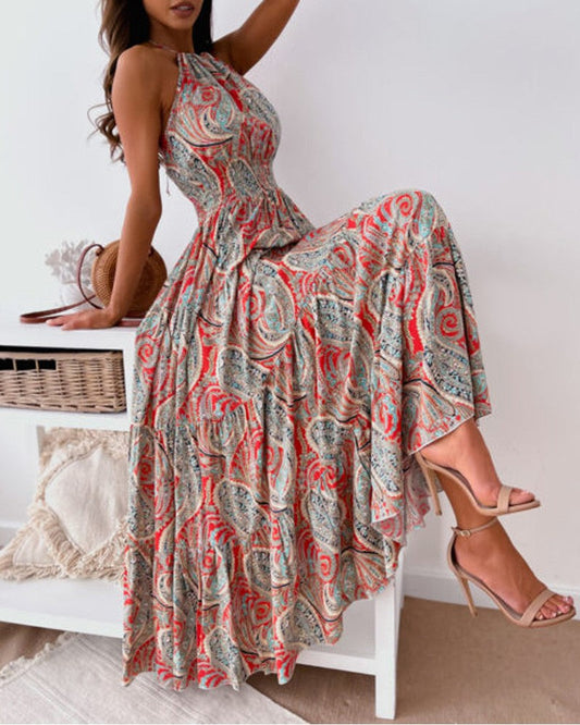 Vintage Paisley Print Halter Backless Maxi Dress