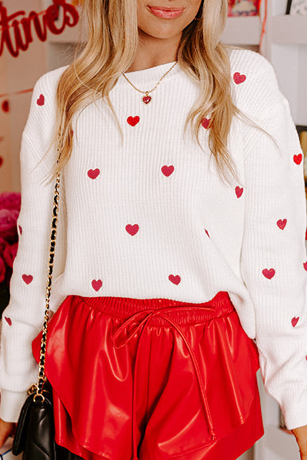 Rose Red Heart Shape Drop Shoulder Round Neck Sweater