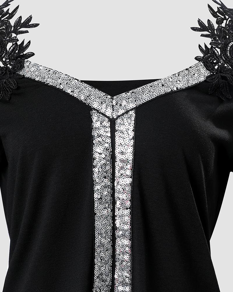 Metallic Cold Shoulder Lace Patch Top