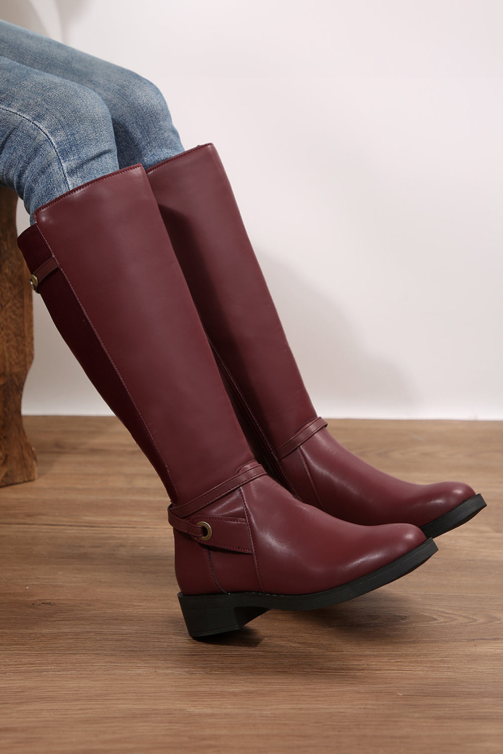 Burgundy Side Zipper Knee High Chunky Low Heel Boots