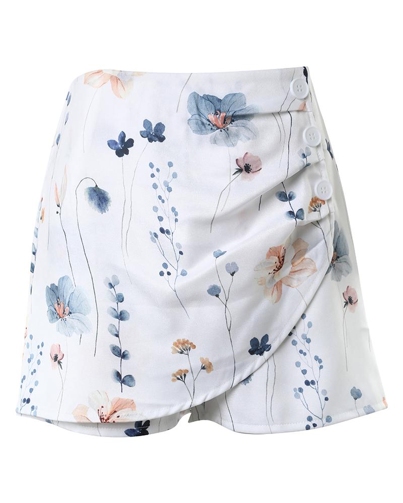 Floral Print Side Button Ruched Shorts