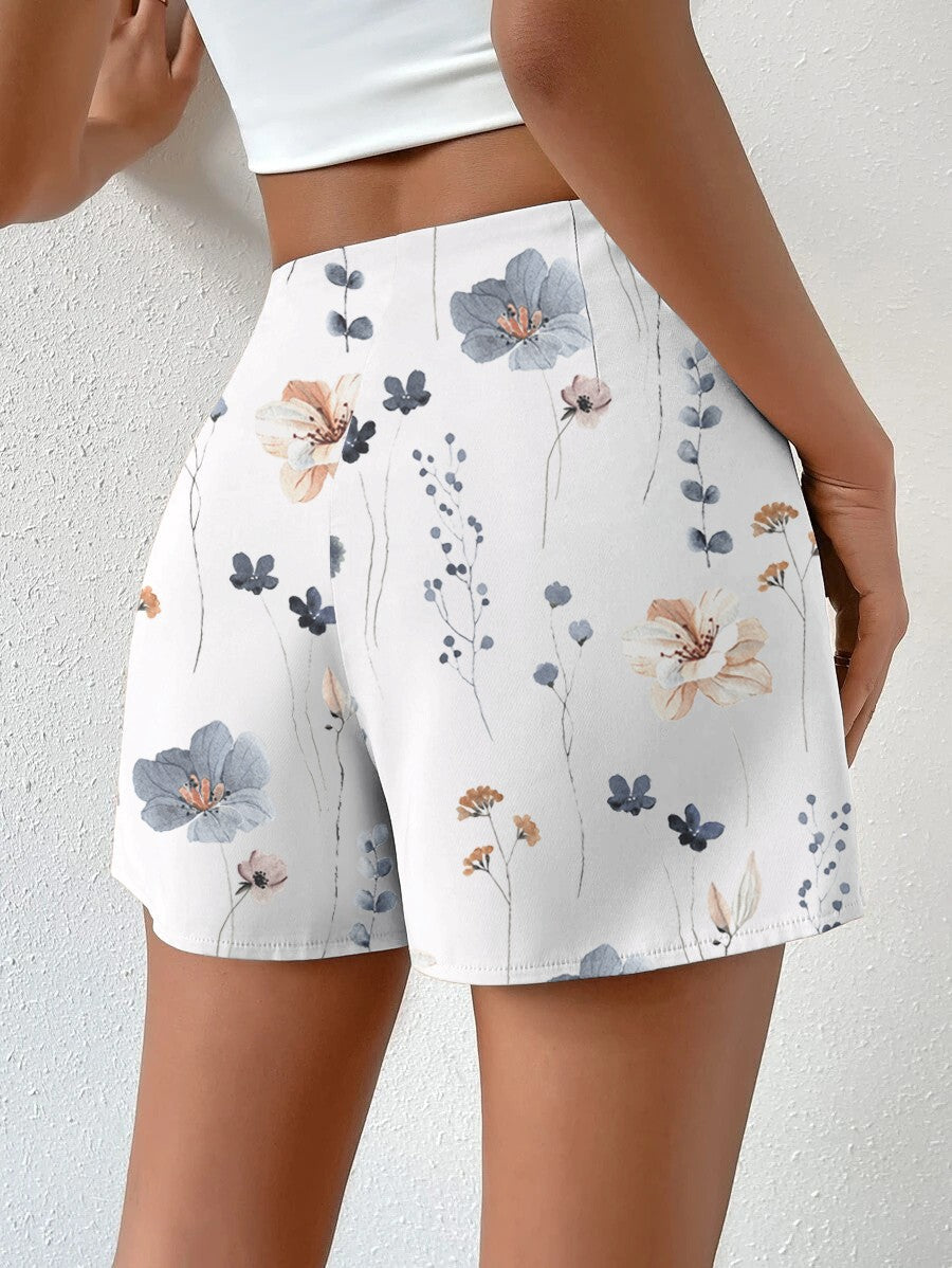 Floral Print Side Button Ruched Shorts