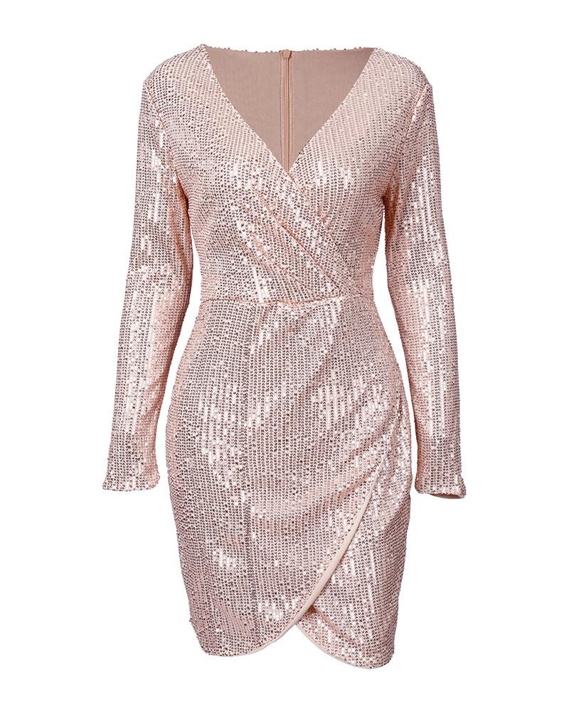 V Neck Ruched Allover Sequins Dress