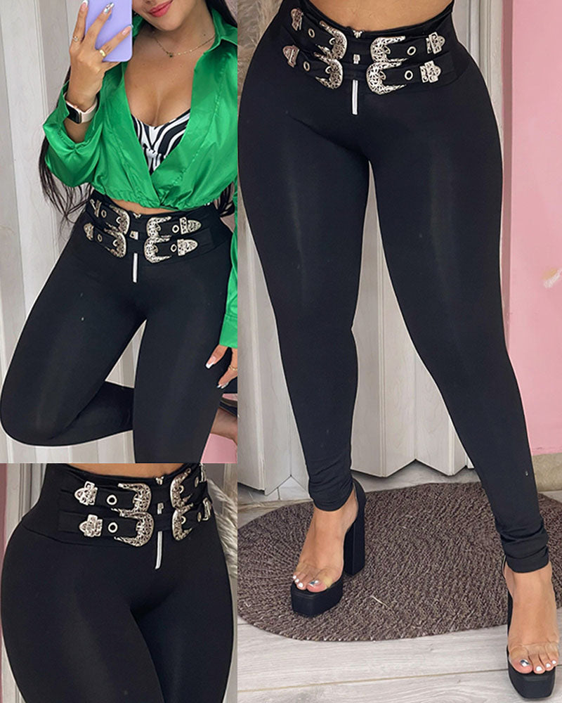 Belted High Waist Skinny Pants Slim Fit Pull On Trousers