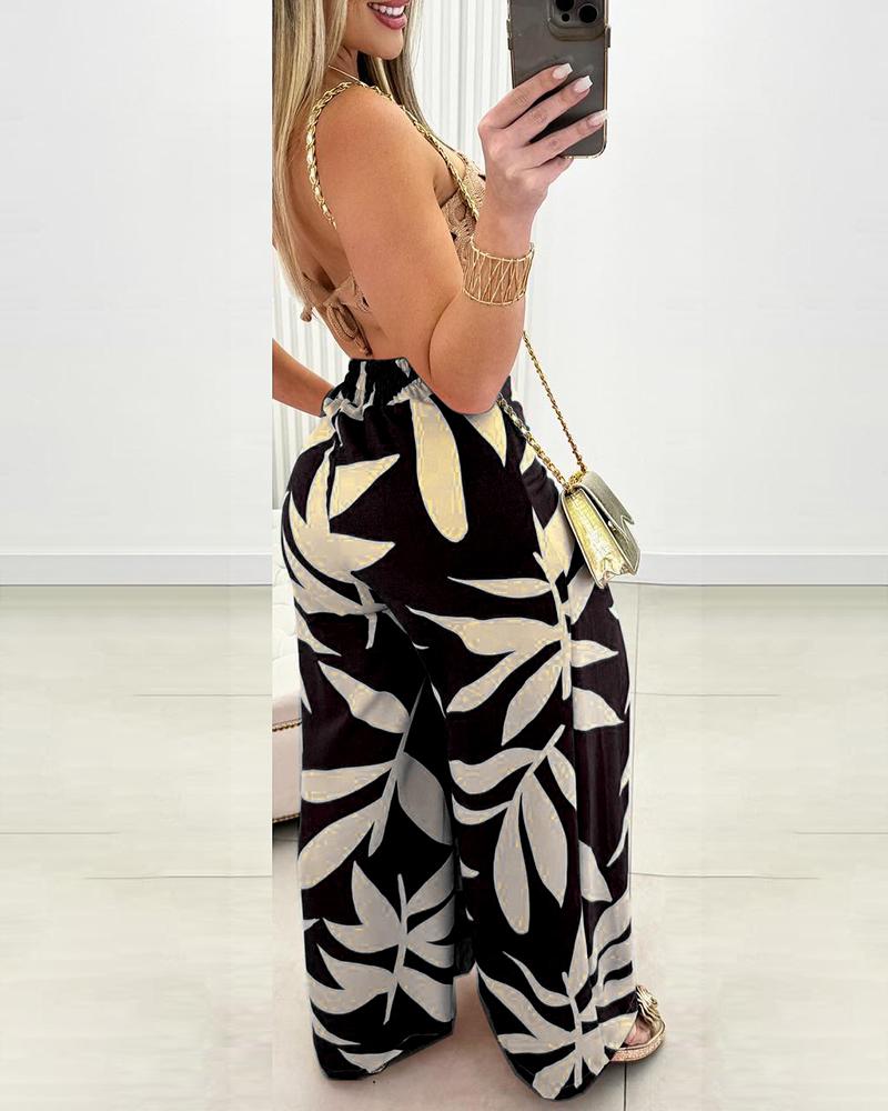 Tropical Leaf Print High Waist Wide Leg Pants