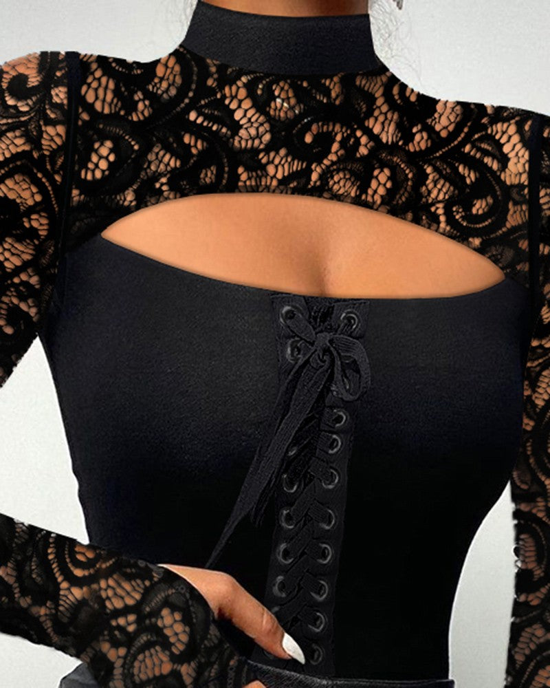 Contrast Lace Long Sleeve Eyelet Lace up Cutout Top