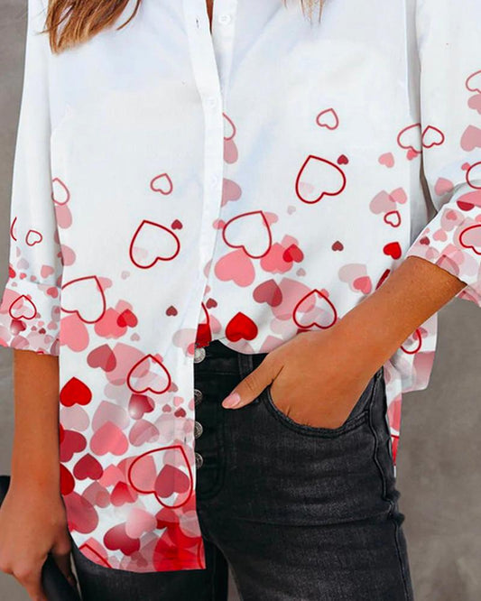 Valentine's Day Heart Print Long Sleeve Button Down Shirt