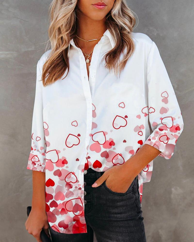 Valentine's Day Heart Print Long Sleeve Button Down Shirt