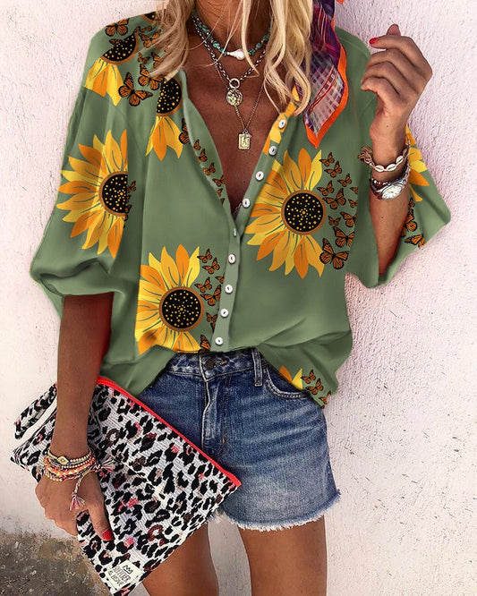 Sunflower Butterfly Print Button Down Shirt