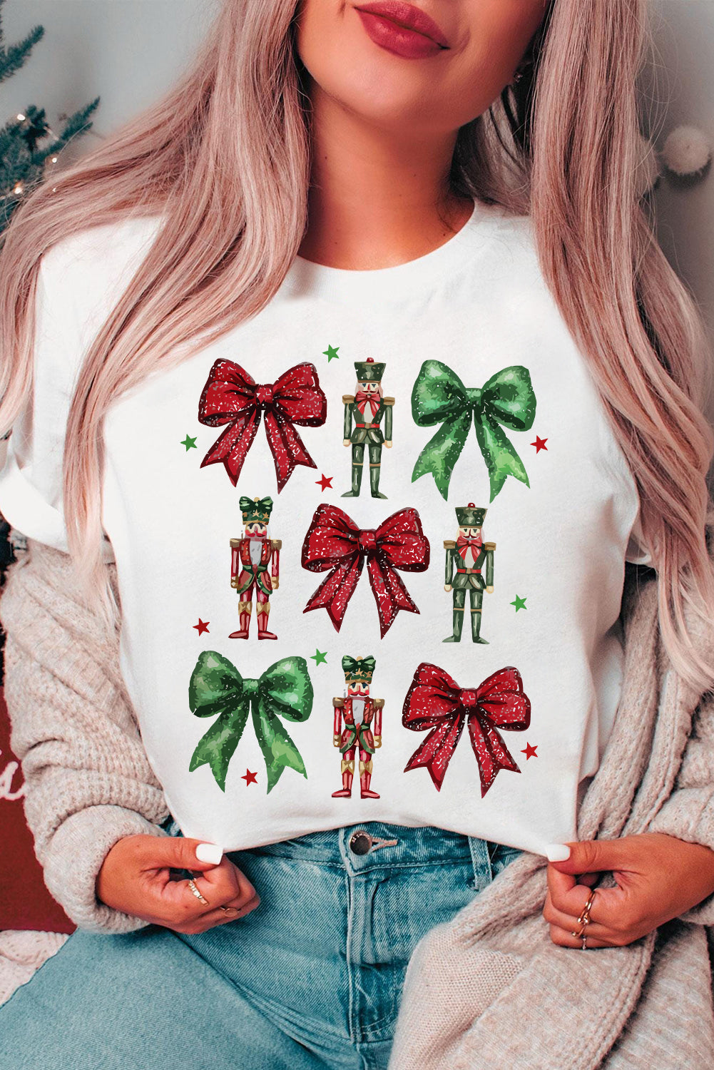 White Bowknot Nutcracker Printed Crewneck Christmas T Shirt