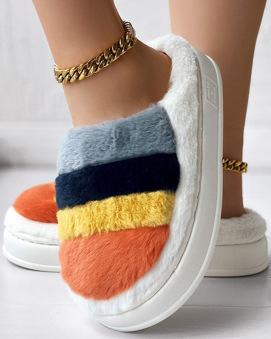 Colorblock Platform Fluffy Winter Thermal Slippers