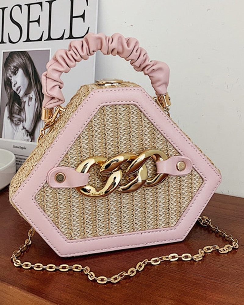 Trendy Chain Decor Top Handle Straw Geometrical Crossbody Bag