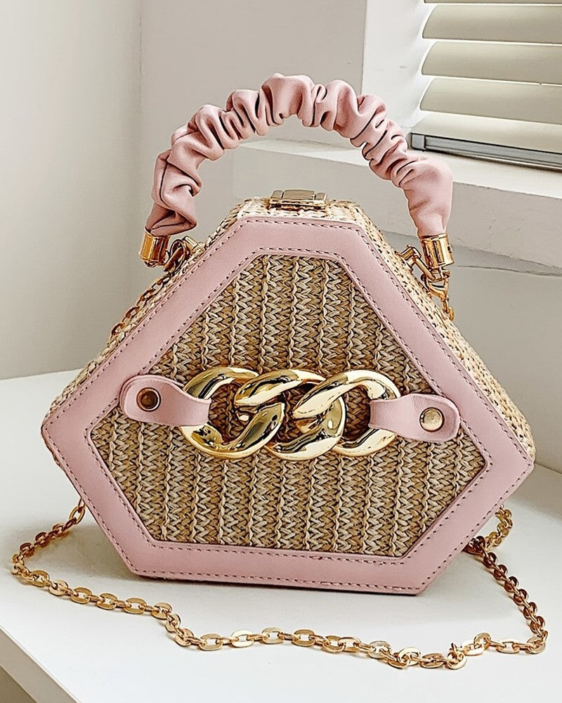 Trendy Chain Decor Top Handle Straw Geometrical Crossbody Bag