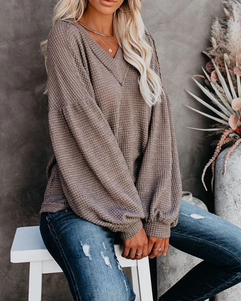 Plain Lantern Sleeve Casual Knit Sweater