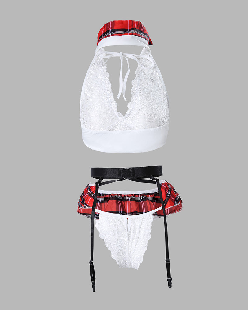 Plaid Print O Ring Lace Garter Lingerie Set