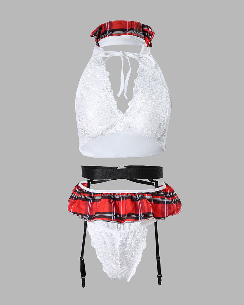 Plaid Print O Ring Lace Garter Lingerie Set