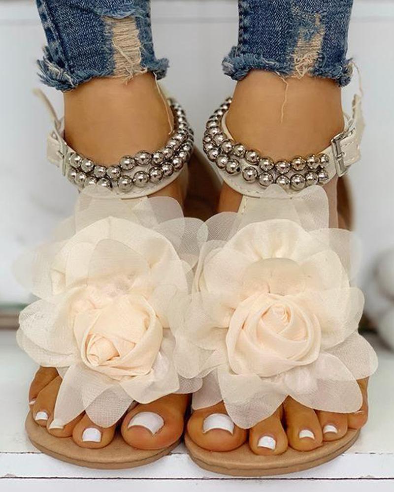 Mesh Floral Embellished Beaded Flat Sandals