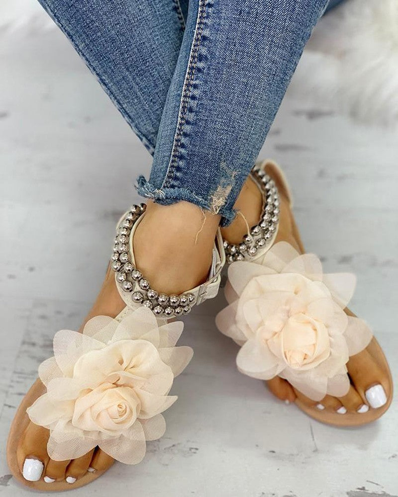 Mesh Floral Embellished Beaded Flat Sandals