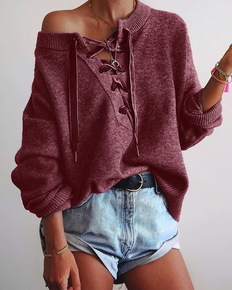 Solid Eyelet Lace Up Elastic Hem Sweater