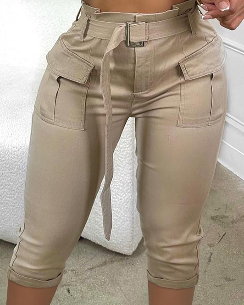 Pocket Design Paperbag Waist Cargo Pants With Belt