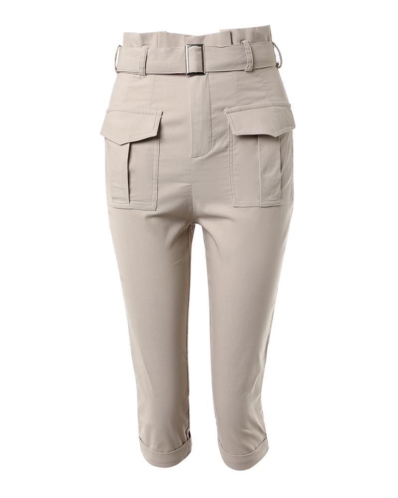 Pocket Design Paperbag Waist Cargo Pants With Belt