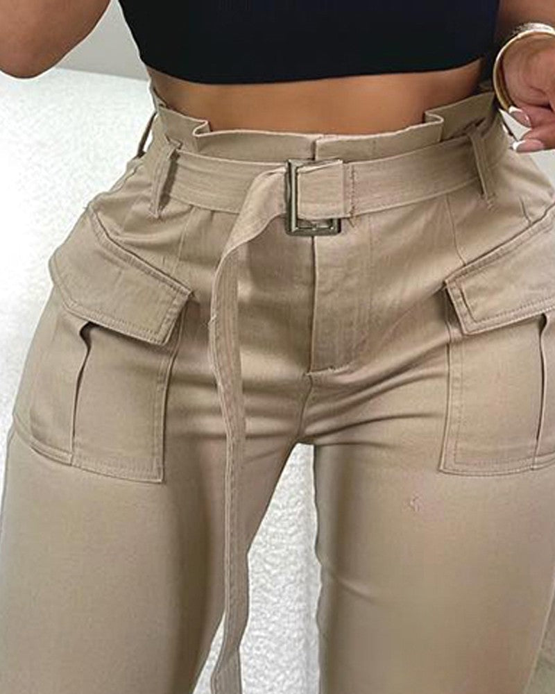 Pocket Design Paperbag Waist Cargo Pants With Belt