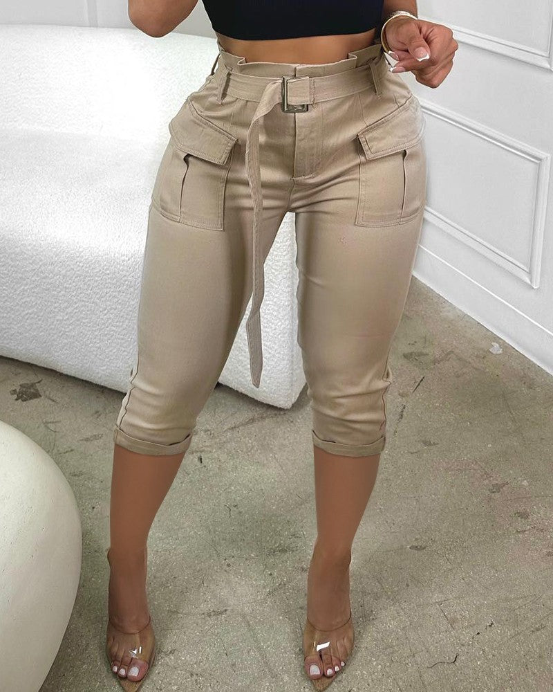 Pocket Design Paperbag Waist Cargo Pants With Belt