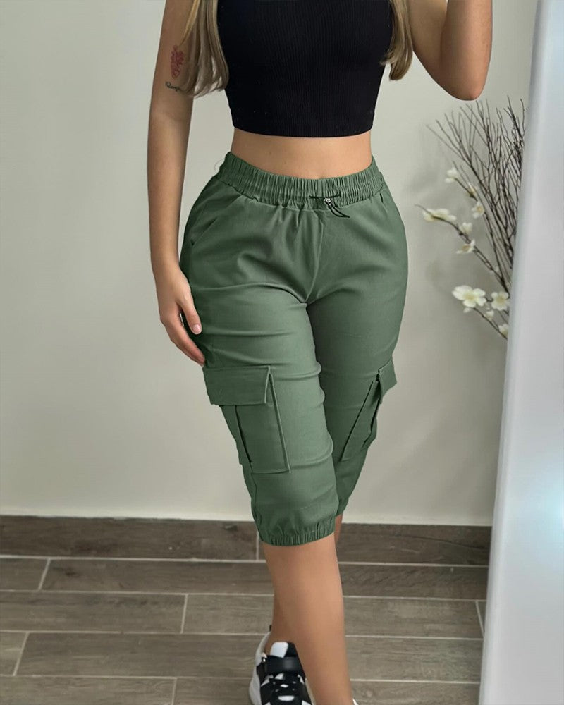 Side Pockets Drawstring Waist Cropped Cargo Pants