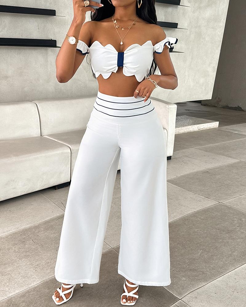 Scallop Trim Off Shoulder Top & Striped Wide Leg Pants Set