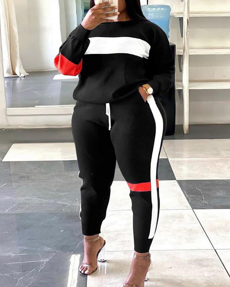 Plus Size Colorblock Sweatshirt & Striped Sweatpants Set