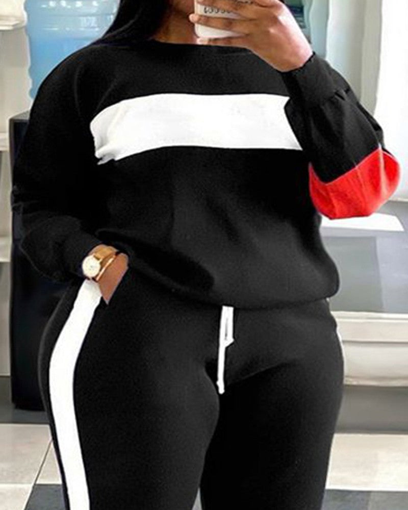 Plus Size Colorblock Sweatshirt & Striped Sweatpants Set