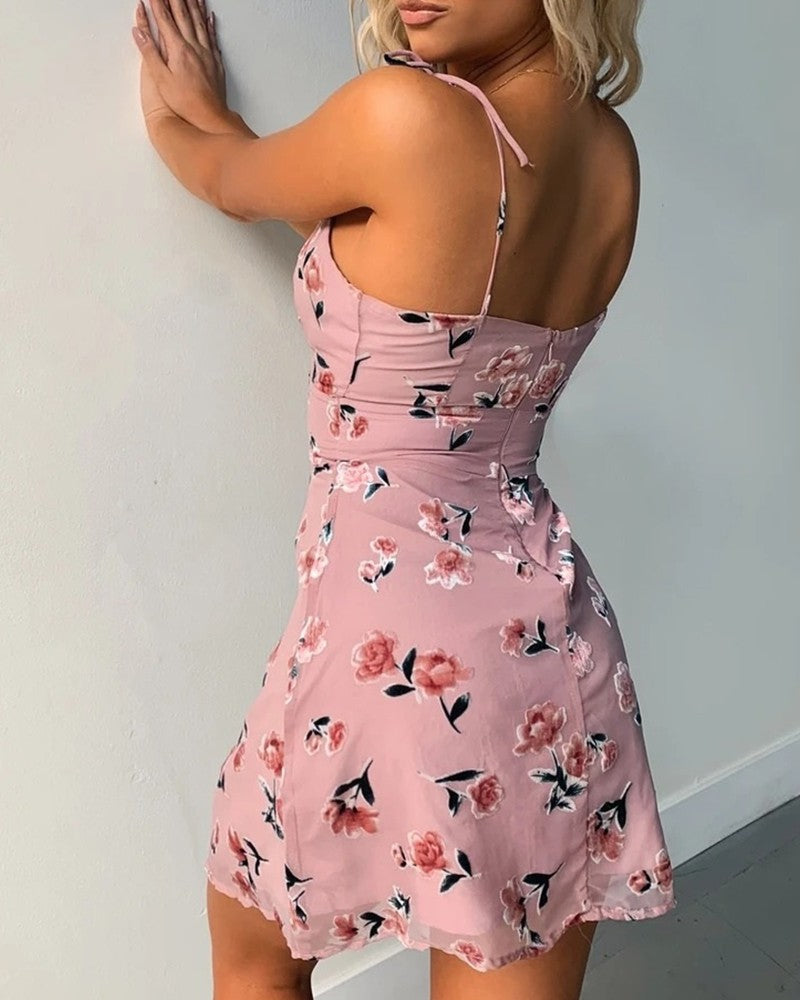 V neck Spaghetti Strap Floral Print Dress