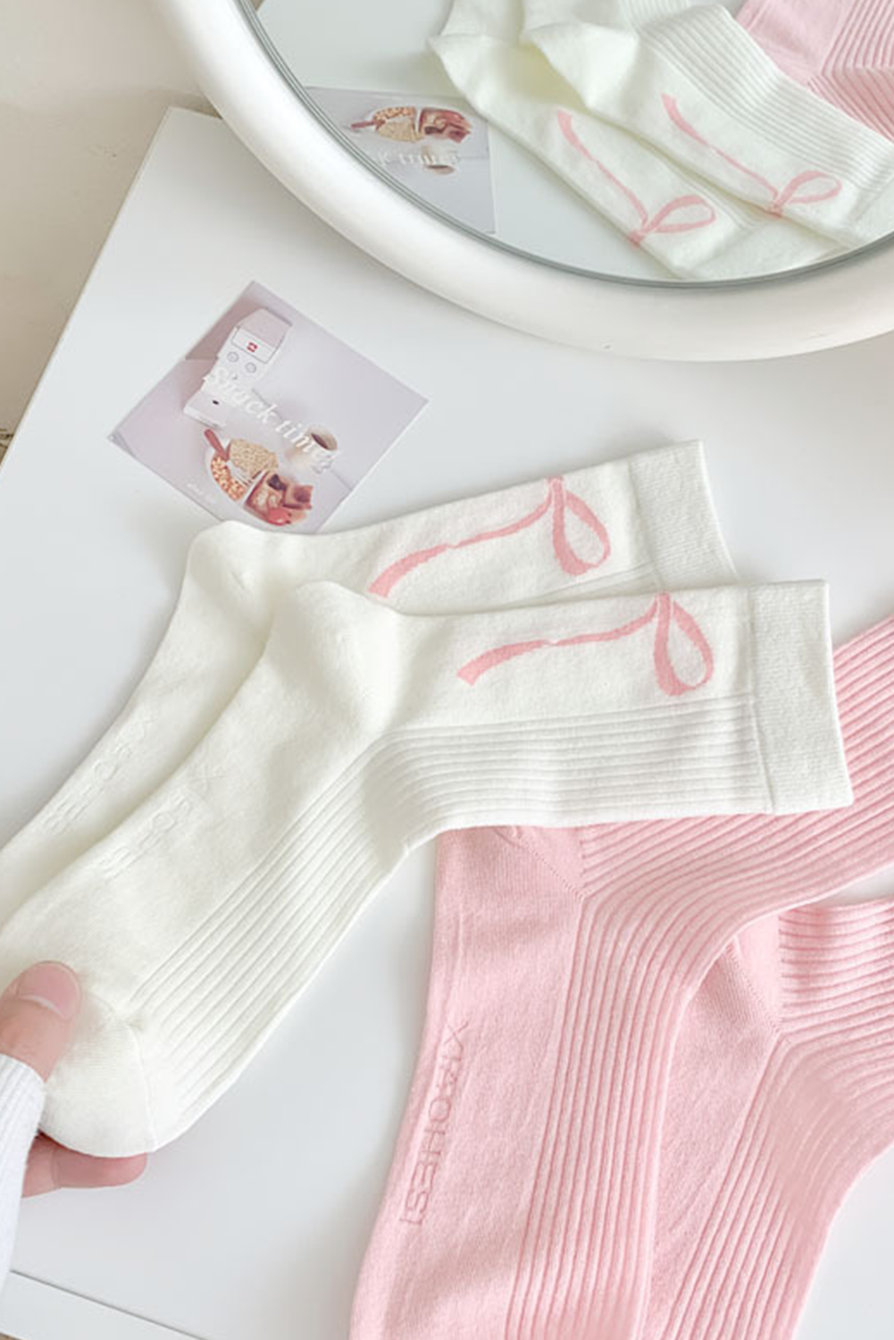 Light Pink Girlish Ribbon Bow Printed Socks