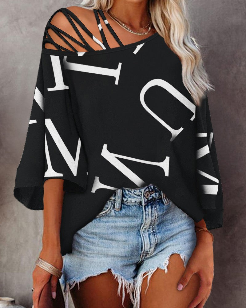 Letter Print Cold Shoulder Bell Sleeve Top