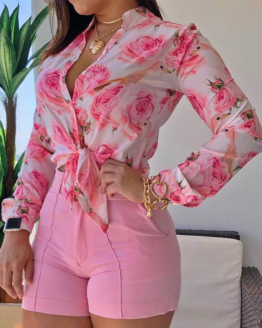 Floral Print Long Sleeve Buttoned Top