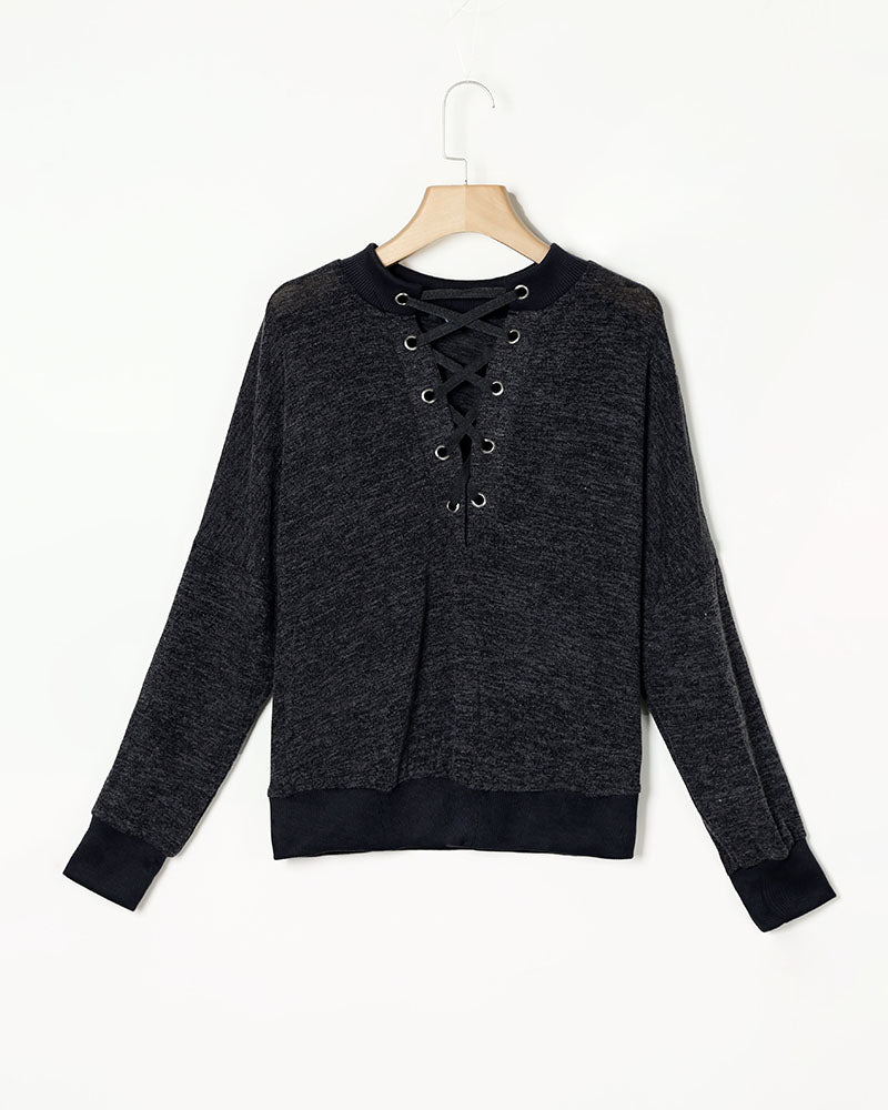 Solid Eyelet Lace Up Elastic Hem Sweater